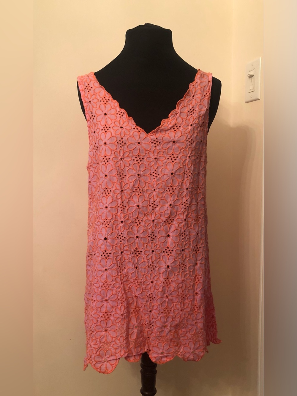 Eyelet SL Top Cotton Mud Pie Bianca Pink & Orange Floral Scalloped V-Neck & Hem